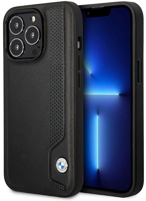 BMW Leather Blue Dots - Case for iPhone 14 Pro Max (Black)