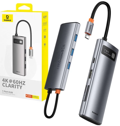 Hub 7in1 Baseus Gleam, USB-C  to 1x HDMI4K 60Hz + 3x USB3.0 + 1x PD + 1x SD/TF (grey)