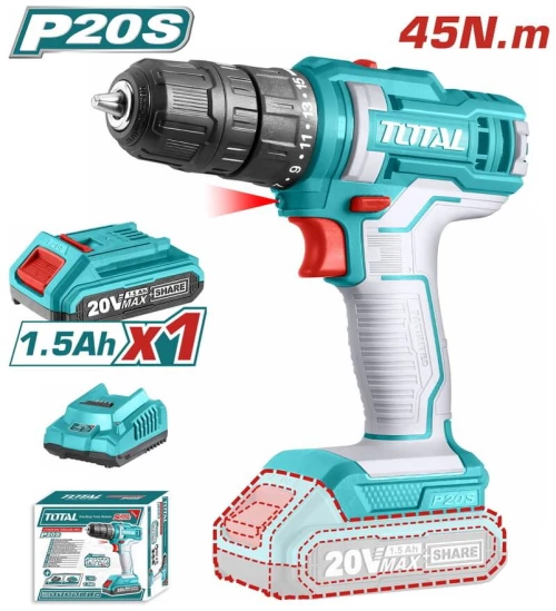 TOTAL Δραπανοκατσάβιδο μπαταρίας λιθίου 20V / 1.5Ah / 45Nm / 1 μπαταρία (TDLI20051)
