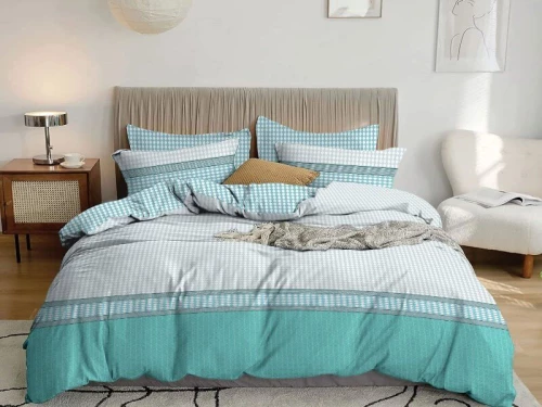 Σετ Σεντόνια Τυρκουάζ Λευκό Καρό Εμπριμέ 100% Βαμβακερά Γαρύφαλλο - 220x260, Χωρίς Λάστιχο