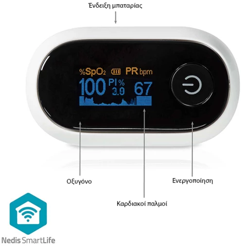 NEDIS BTHOX10WT Bluetooth smart παλμικό οξύμετρο με οθόνη OLED, σε λευκό χρώμα.