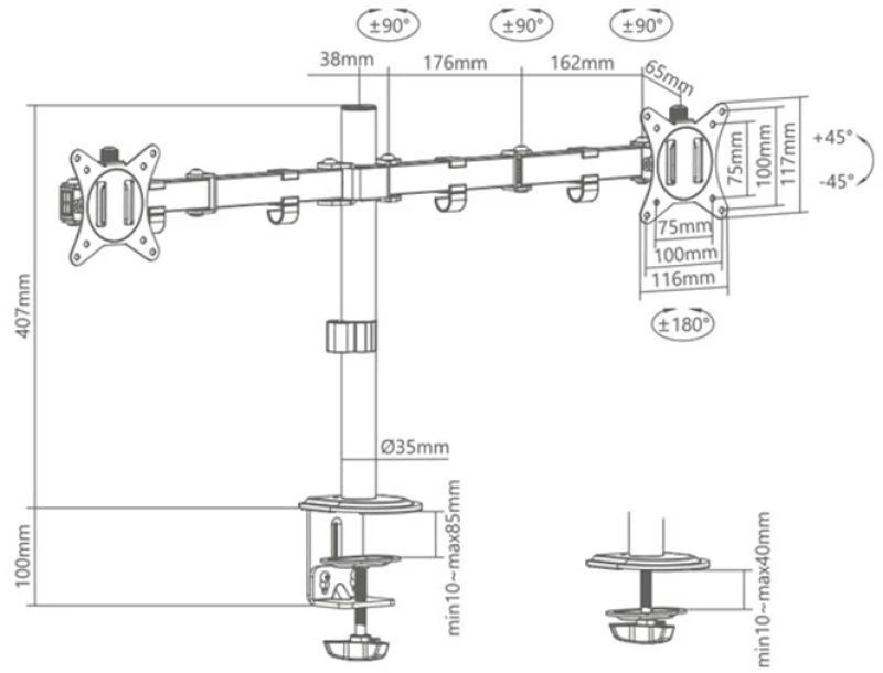 SUPERIOR 17-32 UNIVERSAL DUAL Universal επιτραπέζια βάση στήριξης για 2 οθόνες έως 32", σε μαύρο χρώμα.