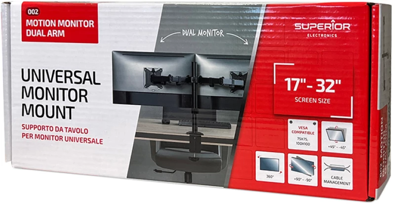 SUPERIOR 17-32 UNIVERSAL DUAL Universal επιτραπέζια βάση στήριξης για 2 οθόνες έως 32", σε μαύρο χρώμα.