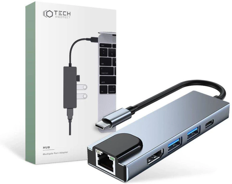 Διαχωριστής 5 σε 1 USB HUB USB-C σε 2xUSB + HDMI + USB-C + LAN RJ45 Προσαρμογέας Tech-Protect V3-HUB γκρι