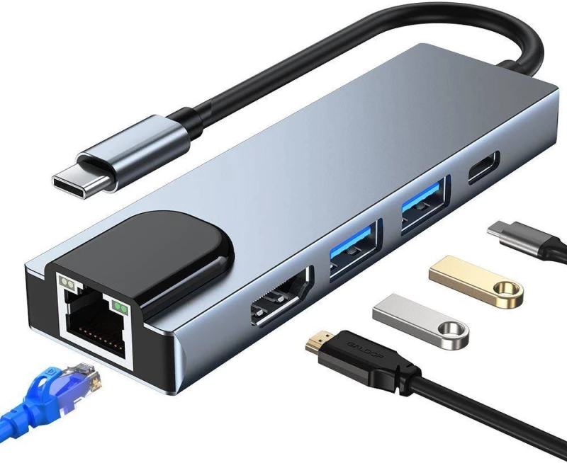 Διαχωριστής 5 σε 1 USB HUB USB-C σε 2xUSB + HDMI + USB-C + LAN RJ45 Προσαρμογέας Tech-Protect V3-HUB γκρι