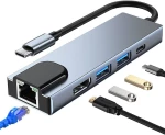 Διαχωριστής 5 σε 1 USB HUB USB-C σε 2xUSB + HDMI + USB-C + LAN RJ45 Προσαρμογέας Tech-Protect V3-HUB γκρι