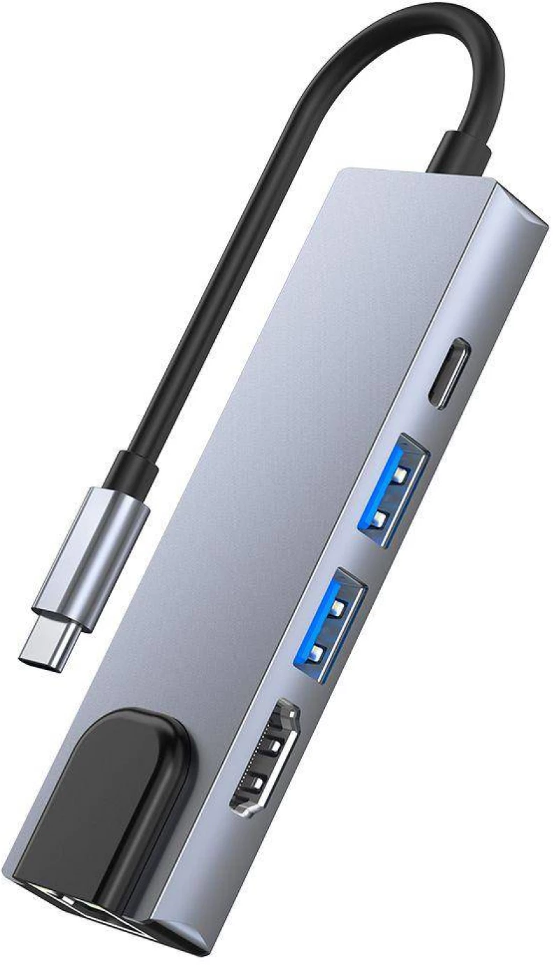 Διαχωριστής 5 σε 1 USB HUB USB-C σε 2xUSB + HDMI + USB-C + LAN RJ45 Προσαρμογέας Tech-Protect V3-HUB γκρι