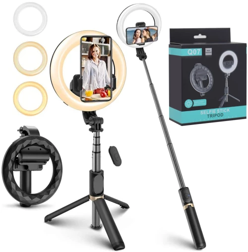 Techsuit - Selfie Stick (Q07) - Stable Tripod with Selfie Ring Light, Bluetooth Remote Control, 80cm - Black