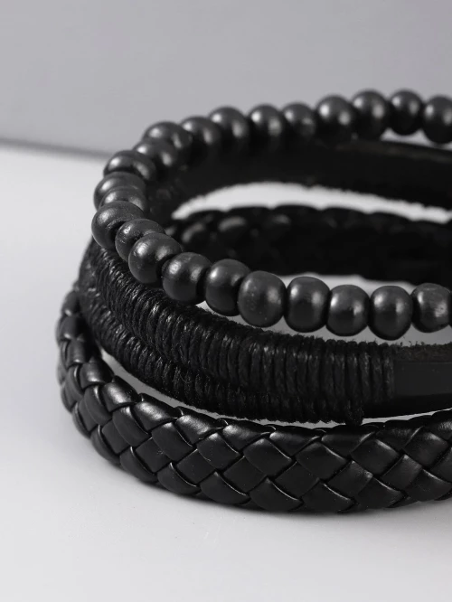 Σετ μαύρα ανδρικά δερμάτινα βραχιόλια