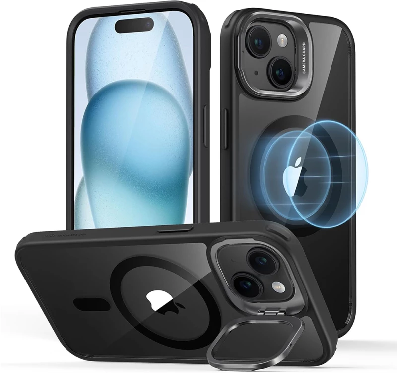 ESR - Classic Hybrid HaloLock Kickstand - iPhone 15 - Clear Black