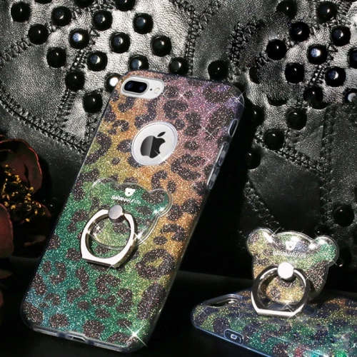 AIQAA For iPhone 8 Plus & 7 Plus   TPU Glitter Powder Drop-proof Protective Case with Bear Ring Holder (Leopard Print) (AIQAA) (OEM)