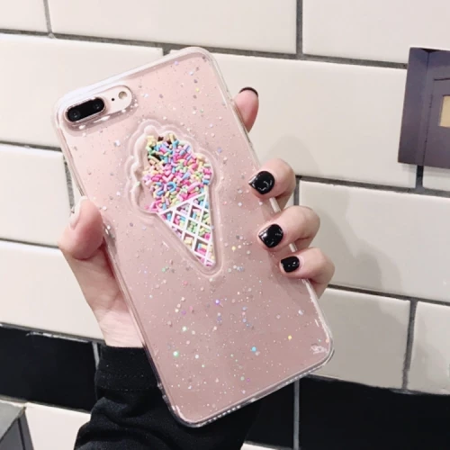 For iPhone 8 Plus & 7 Plus   Ice Cream Pattern Glitter Powder Protective Back Cover Case (Transparent) (OEM)