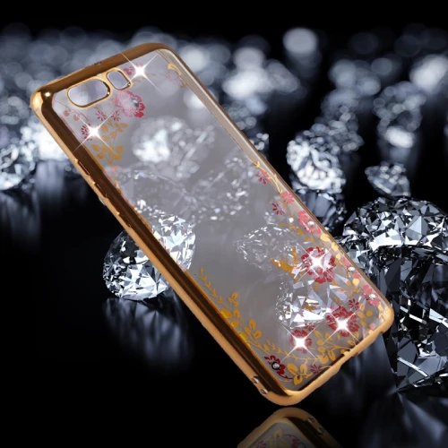For Huawei  P10 Plus Flowers Pattern Diamond Encrusted Electroplating Soft TPU Protective Cover Case (Gold) (OEM)