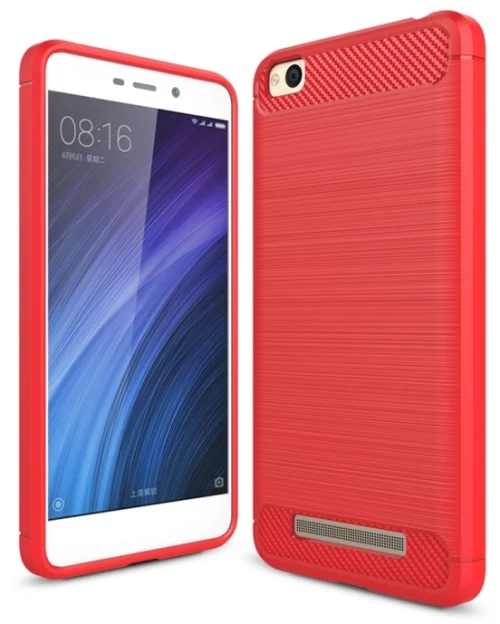 For Xiaomi  Redmi 4A Brushed Texture Carbon Fiber Shockproof TPU Rugged Armor Protective Case (Red) (OEM)
