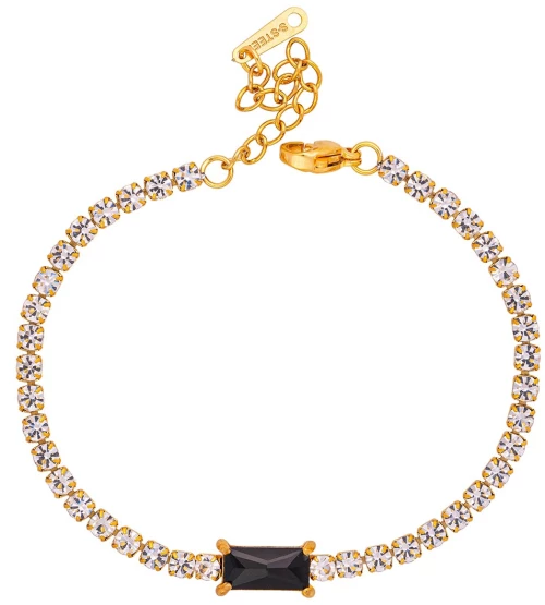 Βραχιόλι επιχρυσωμένο ανοξείδωτο ατσάλι (δεν μαυρίζει), με μαύρο ορθογώνιο ζιργκόν και λευκά μονόπετρα ζιργκόν,  της  Excite Fashion Jewellery. B-2302035-BLACK-65