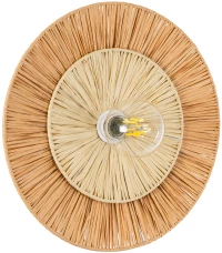 GloboStar® COLOMBO 02278 Boho Φωτιστικό Τοίχου - Απλίκα Μονόφωτο 1 x E27 AC 220-240V IP20 - Φ40 x Υ4.5cm - Μπεζ με Μπεζ Καφέ Φυσική Ράφια Άχυρο Πλέγμα -