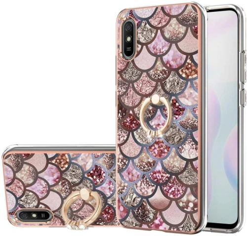 For Xiaomi Redmi 9A Electroplating Pattern IMD TPU Shockproof Case with Rhinestone Ring Holder(Pink Scales) (OEM)
