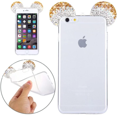 For iPhone 6 Plus & 6s Plus Mouse Ear Diamond Pattern Transparent TPU Protective Case with Lanyard(Gold) (OEM)