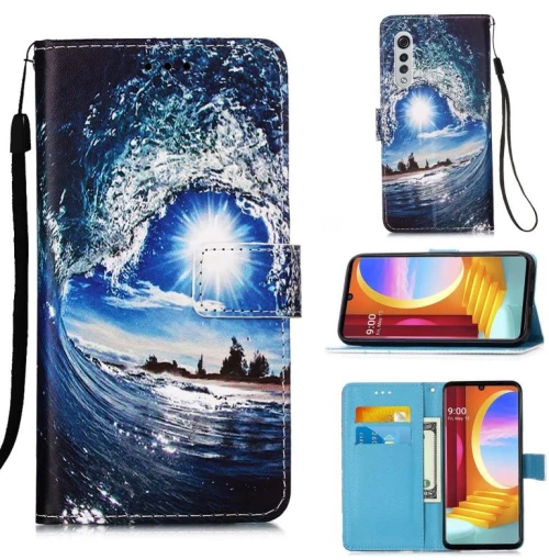 For LG Velvet 2 Pro Colored Drawing Pattern Plain Weave Horizontal Flip Leather Case with Holder & Card Slot & Wallet & Lanyard(Waves And Sun) (OEM)