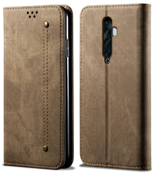 For OPPO Reno 2 Denim Texture Casual Style Horizontal Flip Leather Case with Holder & Card Slots & Wallet(Khaki) (OEM)