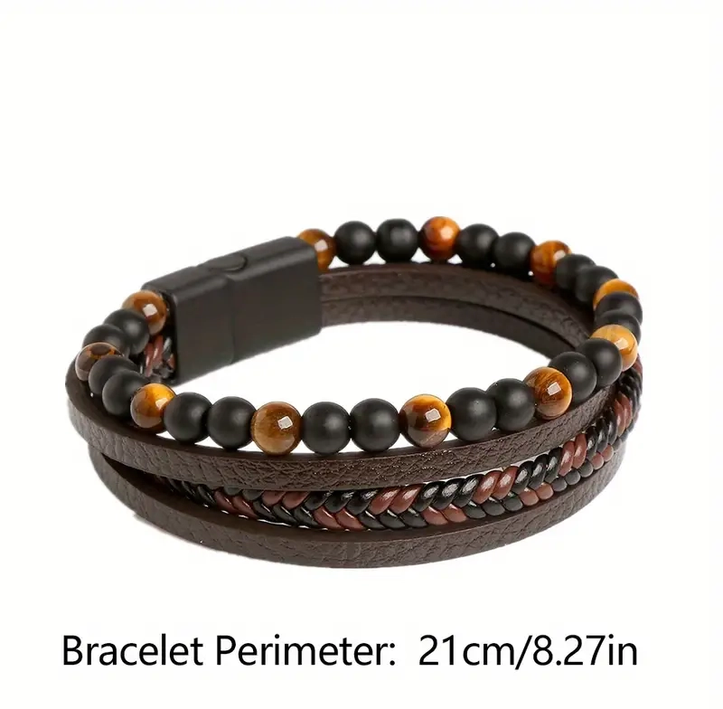 Ανδρικό δερμάτινο βραχιόλι με μαγνητικό κούμπωμα καφέ