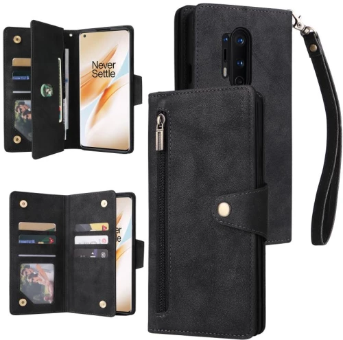 For OnePlus 8 Pro Rivet Buckle 9 Cards Three Fold Leather Phone Case(Black) (OEM)