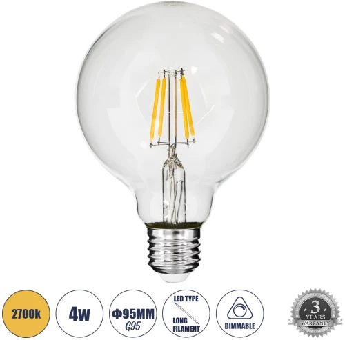 GloboStar® 99009 Λάμπα LED Long Filament E27 G95 Γλόμπος 4W 400lm 360° AC 220-240V IP20 Φ9.5 x Υ13.5cm Θερμό Λευκό 2700K με Διάφανο Γυαλί - Dimmable - 3 Years Warranty