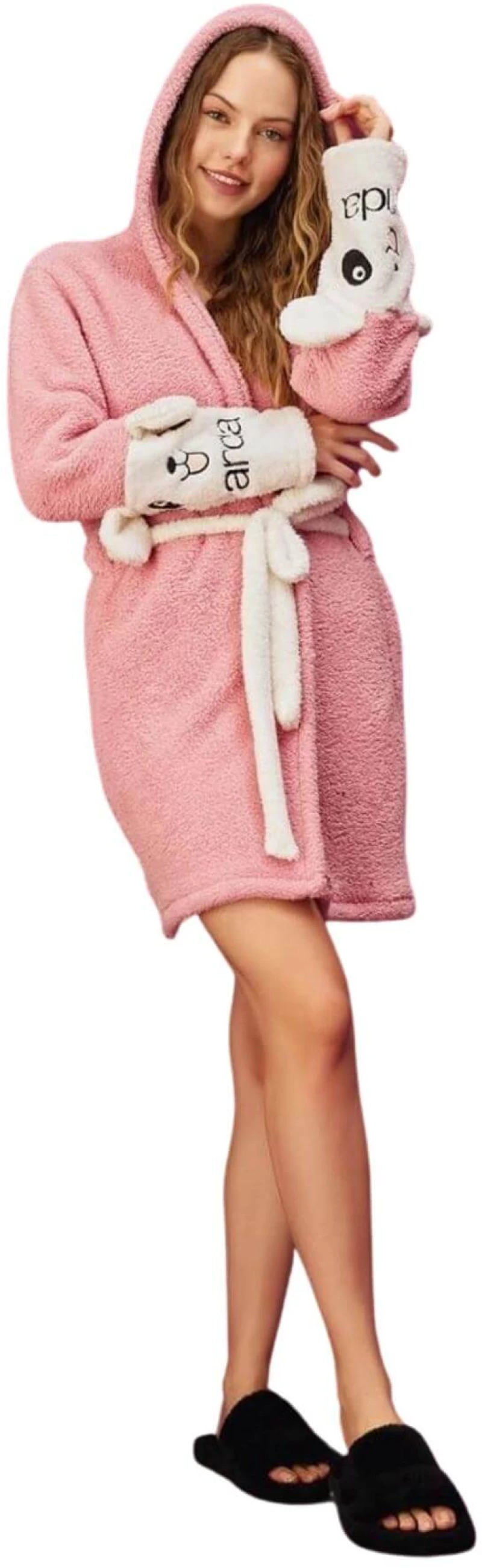 Γυναικεία Ρόμπα Με Κουκούλα Fleece Q8605 - ΡΟΖ