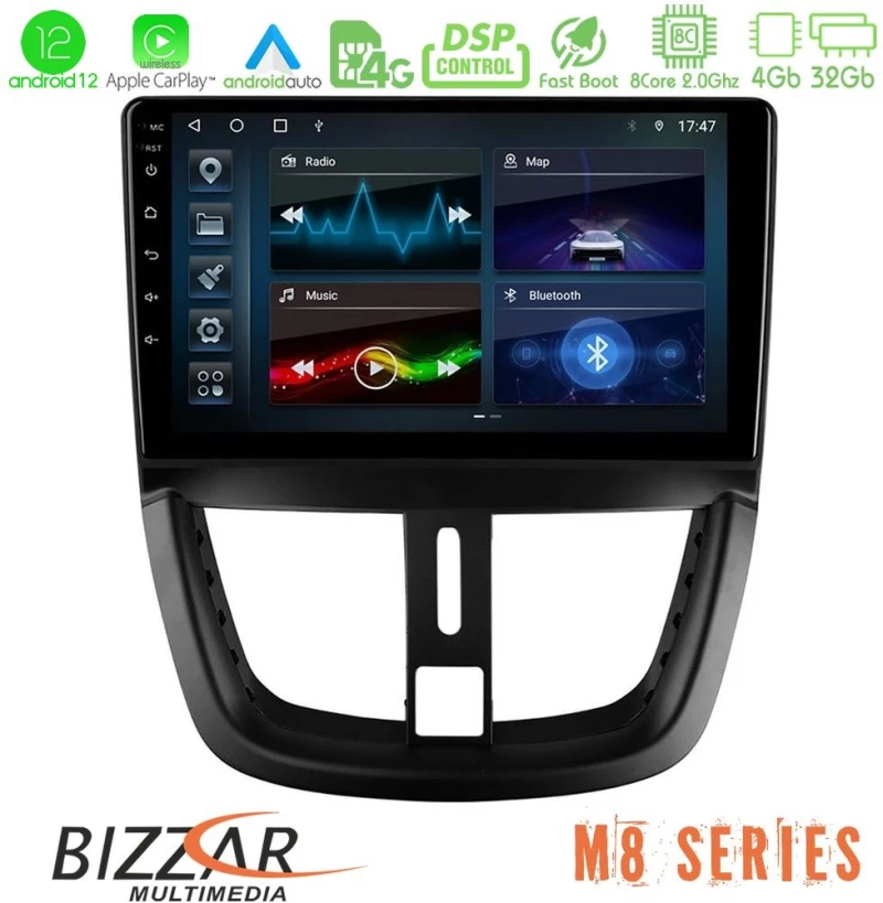 Bizzar m8 Series Peugeot 207 8core Android12 4+32gb Navigation Multimedia Tablet 9" u-m8-Pg0688