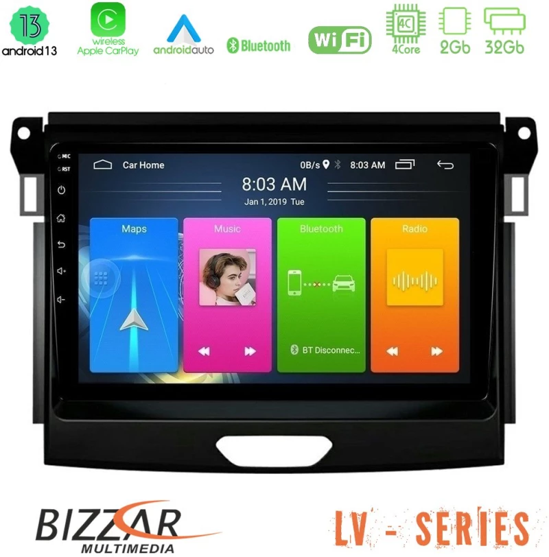 Bizzar lv Series Ford Ranger 2017-2022 4core Android 13 2+32gb Navigation Multimedia Tablet 9 u-lv-Fd0617