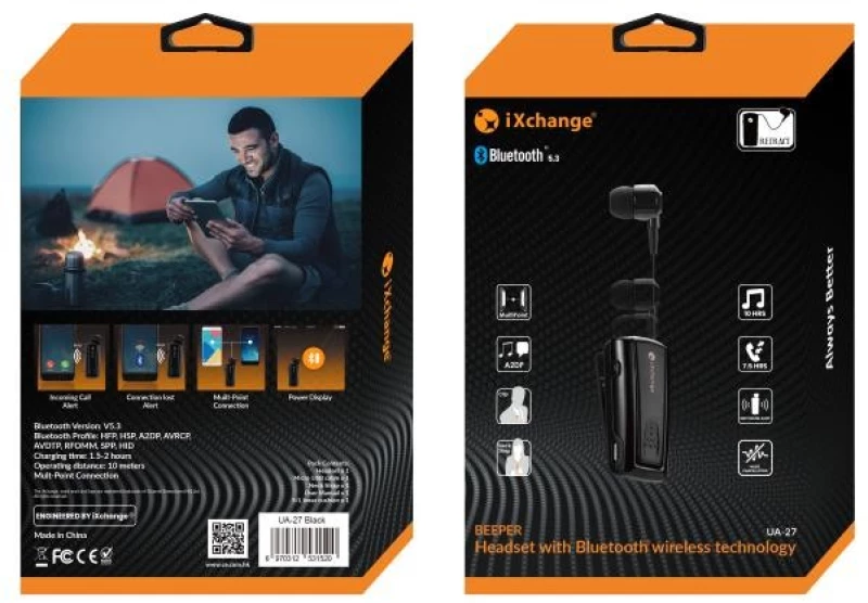 Retractable BT Headset UA27 Black iXchange