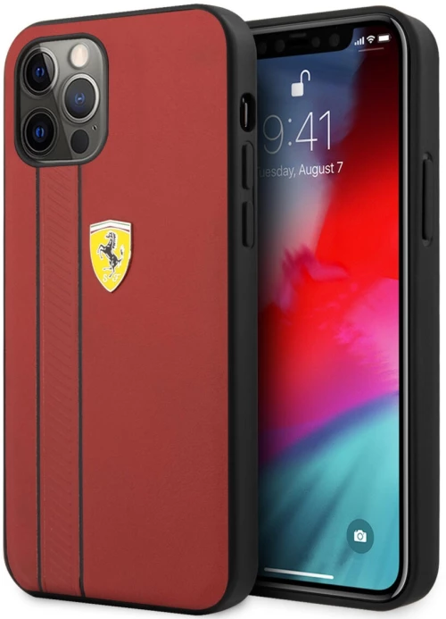 Ferrari "Debossed Stripes & Black Lines" Leather Case Θήκη προστασίας από γνήσιο καπιτονέ δέρμα – iPhone 12 Pro Max (Κόκκινη/Qui
