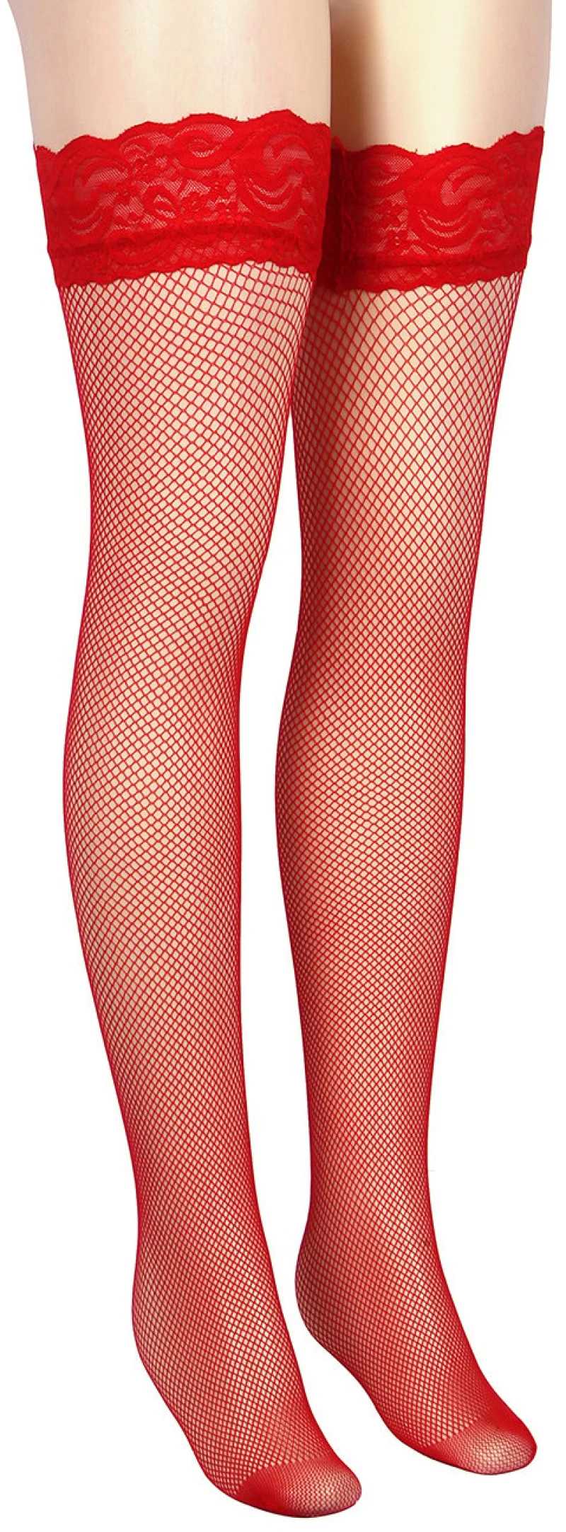 Red Fishnets Thigh High stockings Silicone Lace Top Stay Up Sheer Nylon Hosiery