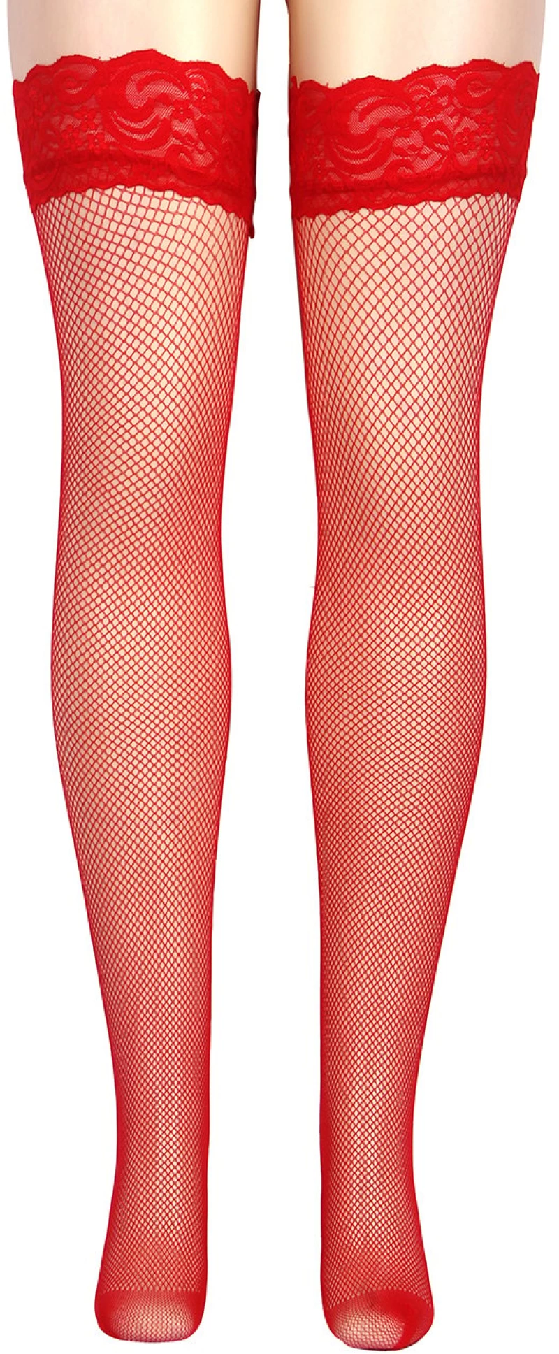 Red Fishnets Thigh High stockings Silicone Lace Top Stay Up Sheer Nylon Hosiery
