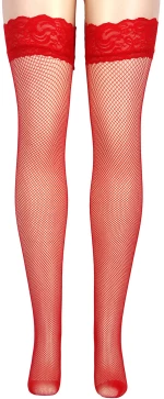 Red Fishnets Thigh High stockings Silicone Lace Top Stay Up Sheer Nylon Hosiery