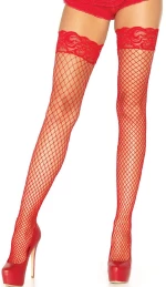 Red Fishnets Thigh High stockings Silicone Lace Top Stay Up Sheer Nylon Hosiery