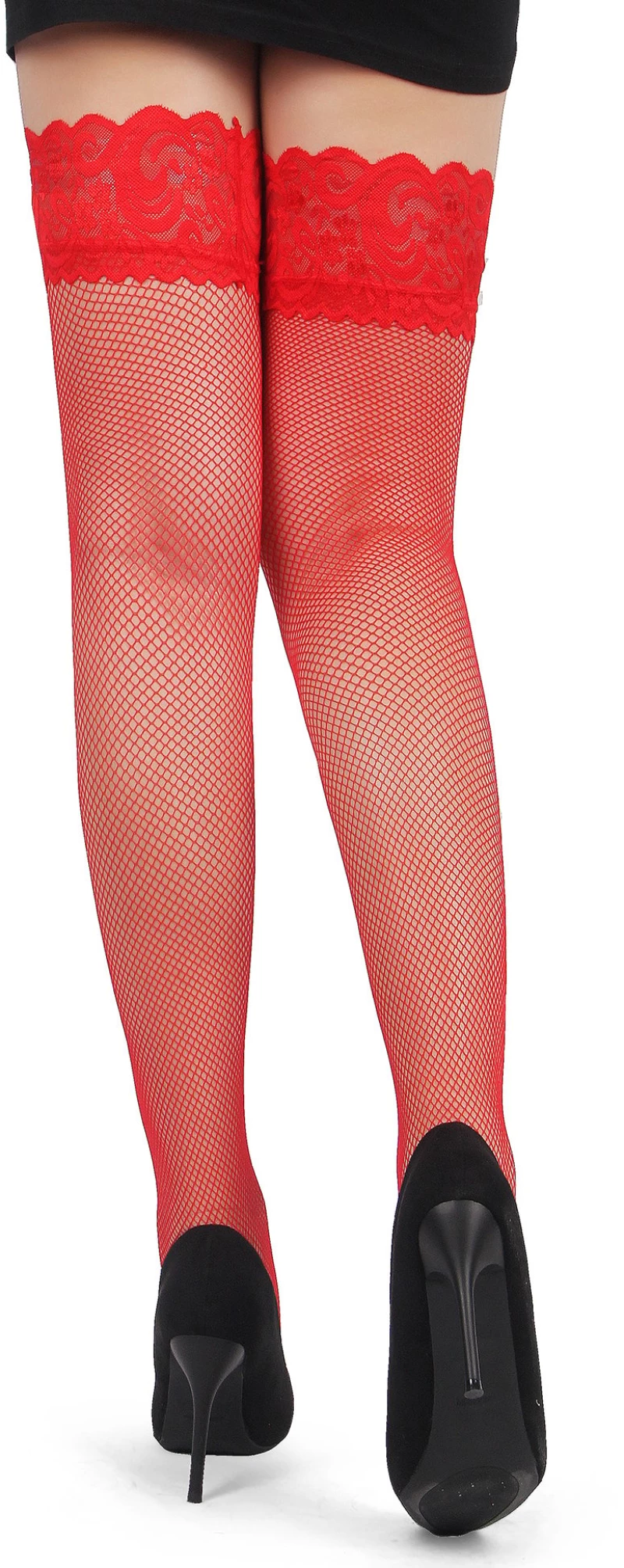 Red Fishnets Thigh High stockings Silicone Lace Top Stay Up Sheer Nylon Hosiery