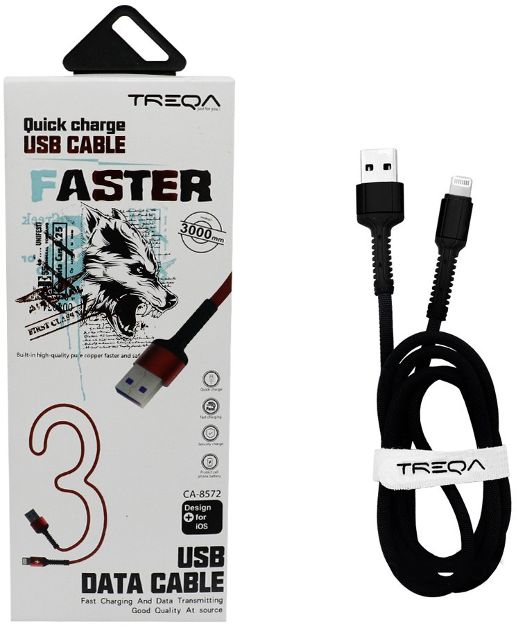 Καλώδιο Γρήγορης Φόρτισης και Μεταφοράς Δεδομένων 3m USB 3.1A σε Lightning Treqa CA-8572-B Μαύρο