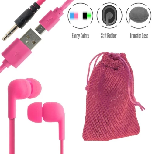 Stereo hi-fi earphones pink+ θήκη πουγκί+ usb to micro