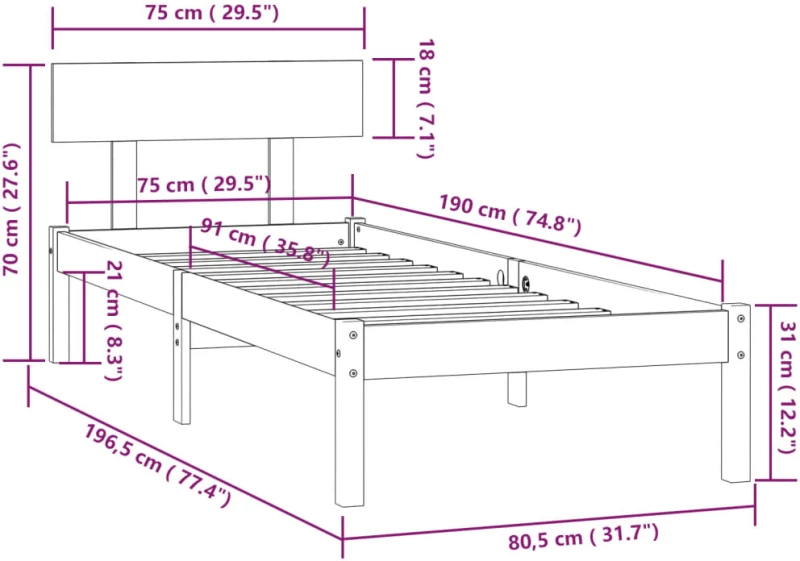 ΠΛΑΙΣΙΟ ΚΡΕΒΑΤΙΟΥ ΛΕΥΚΟ 75X190 ΕΚ. ΜΑΣΙΦ ΠΕΥΚΟ UK SMALL SINGLE 810108