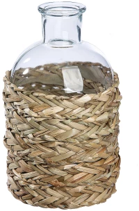 Βάζο Μπουκάλι Διάφανο/Φυσικό Γυαλί/Ψάθα 19.5cm