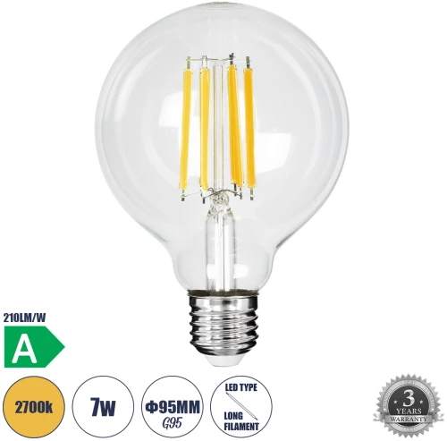 GloboStar® 99088 Λάμπα LED Long Filament E27 G95 Γλόμπος 7W 1470lm 360° AC 220-240V IP20 Φ9.5 x Υ13.8cm Θερμό Λευκό 2700K με Διάφανο Γυαλί - Pro Series 210lm/W - A Ενεργειακή Κλάση -