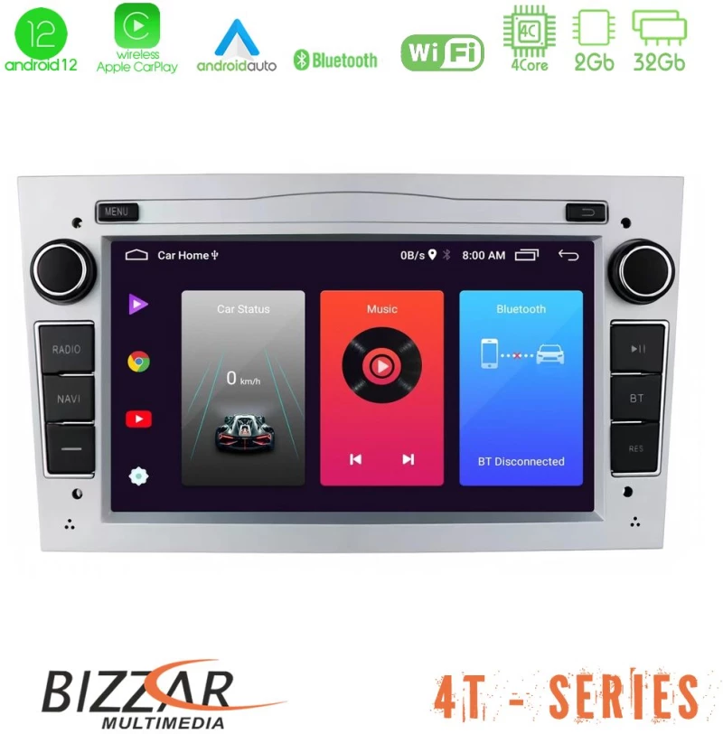 Bizzar OEM Opel Astra/Corsa/Antara/Zafira 4core Android12 2+32GB Navigation Multimedia Deckless 7" με Carplay/AndroidAuto (ασημί)