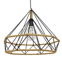 GloboStar® CONCRETE 01422 Vintage Κρεμαστό Φωτιστικό Οροφής Μονόφωτο 1 x E27 Μαύρο Μεταλλικό με Μπεζ Σχοινί Φ50 x Υ44cm