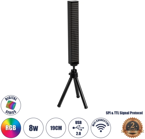 GloboStar® DIGICOLUMN 90761 Μοντέρνο Επιτραπέζιο Φωτιστικό Γραφείου WiFi Digital Pixel Rhythm Music Bar LED 8W 640lm 90° DC 5V με USB 2.0 & WiFi Mobile APP IP20 - Εναλλαγή Φωτισμού μέσω WiFi Εφαρμογής - Πολύχρωμο RGB - Dimmable - Μαύρο