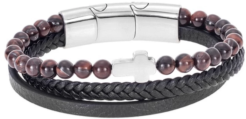 Βραχιόλι Senza Men`s Steel Black Leather Strap with Cross SSD4968BKBN