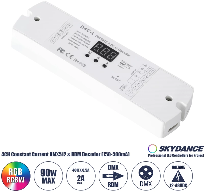 GloboStar® 73145 D4C-L SKYDANCE DC DMX512 Constant Current & RDM Decoder 4 Καναλιών DC 12-48V 4 x 0.5A 22.5W - Max 2A 90W - IP20  Μ17 x Π5 x Υ2.5cm -