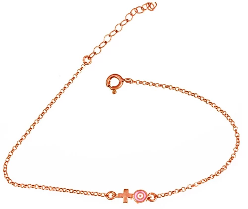 Βραχιόλι Μάτι με σταυρό Επίχρυσο Ροζ με σμάλτο 925 20cm διάμετρος Gatsa κωδ ΒΡ1141