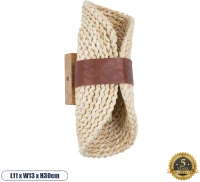 GloboStar® GUAVA 02385 Boho Φωτιστικό Τοίχου - Απλίκα Δίφωτο 2 x G9 AC220-240V IP20 - Μ11 x Π13 x Υ30cm - Μπεζ Ξύλινο Μπαμπού Πλέγμα με Καφέ Δέρμα -