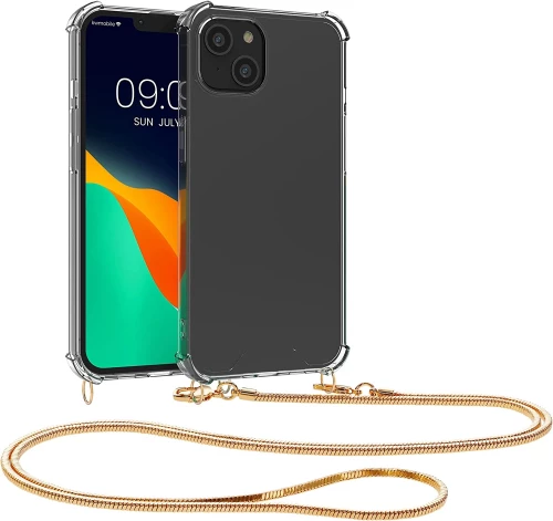 KWmobile Διάφανη Θήκη Σιλικόνης με Μεταλλικό Λουράκι Λαιμού Apple iPhone 14 Plus - Transparent / Gold (59103.21)